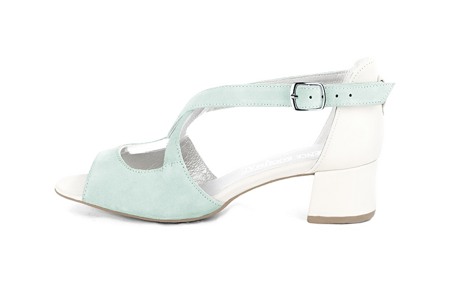 Women's aquamarine blue and off white elegant sandals closed at the back with crossed straps. Round toe. Low flare heels - Profile view